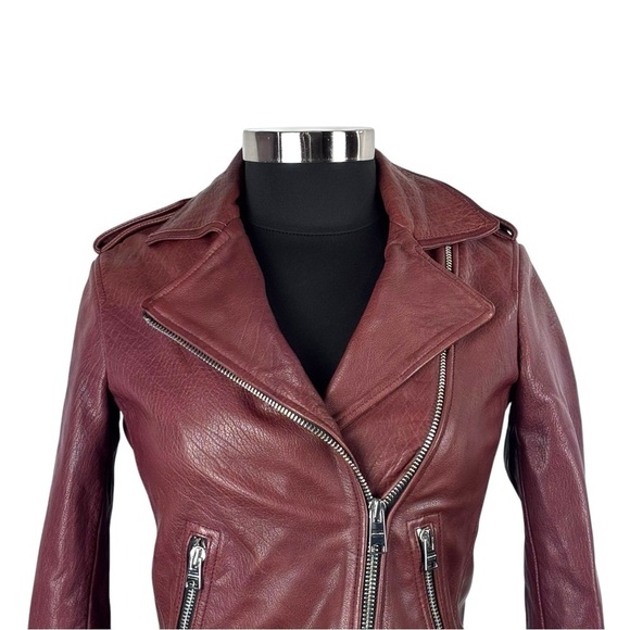 ALL SAINTS HADI CHERRY TUSCAN RED ZIP UP BUFFALO LEATHER BIKER MOTO JACKET - Picture 9 of 16